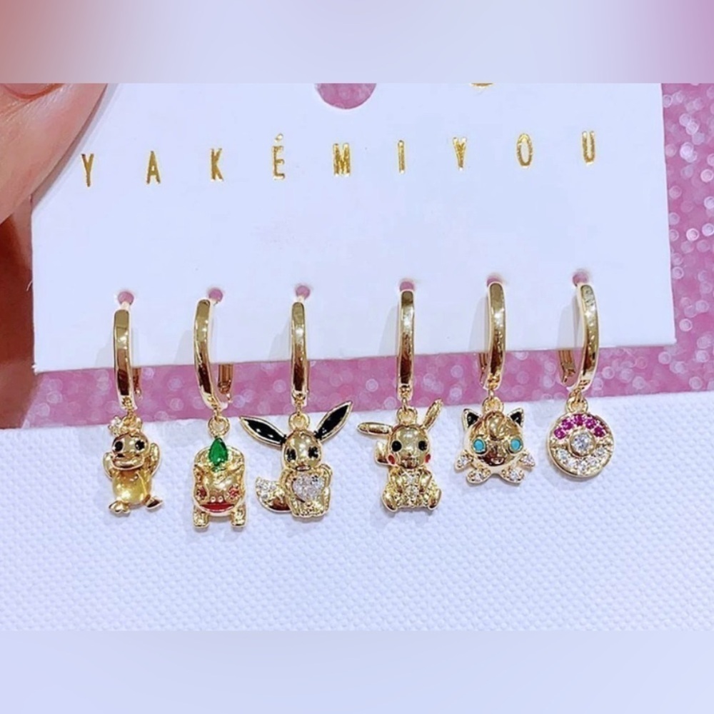14K Gold Pokemon Psyduck & Bulbasaur & Eevee & Pikachu & Jiggly Puff  Earrings